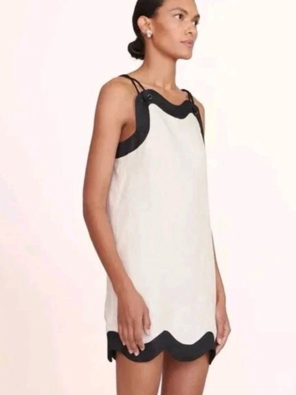 STAUD Linen Ivory/Black Scalloped Mini Dress
